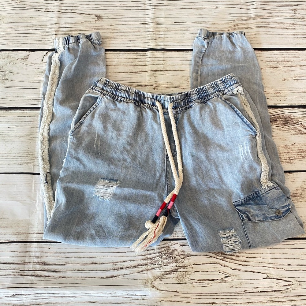 Denim Distressed Joggers With Tencel Trim Small
